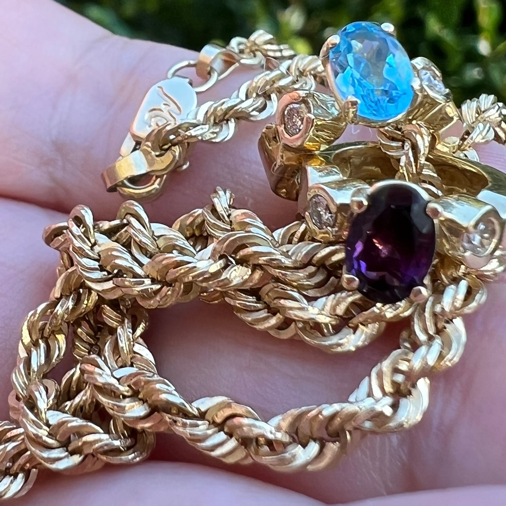 14K GOLD VINTAGE ROPE CHAIN NECKLACE W/ BLUE TOPAZ AMETHYST DIAMOND RINGS CHARMS